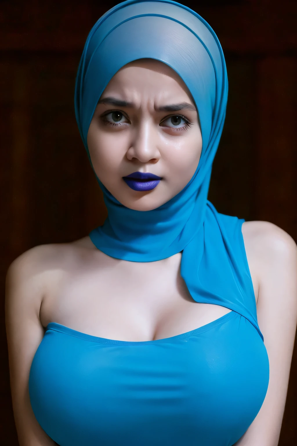 Skinny, green (fluorescence) Strapless Jumbo (Fatty), adorable, (1 girl), (face to face), , baby face, sad, half body portrait, (face details: 1), (eye details: 1), ((big breasts Solid:1.54)). wearing translucent (transparent) transparency (soft short t-shirt cropped) , hijab, .. Cute posed. proportional body. Ultra High Res. realistic: 1.4, UHD, view from side seductive pose, (viddinillah:1.3), (Dark Blue Lipstick:1.2), (very details crying sad face expressions:1.3) LITTLE SMALL GIRLS, LITTLE SMALL GIRLS, LITTLE SMALL GIRLS, (black tone skin:1.1)