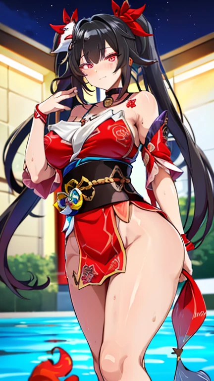 One Girl, Fox Girl, Nine-Tailed Fox,Fox Ears, Black colored hair, Fox Makeup,One Girl, Kimono with open chest, Body size is 100-70-90!, Nice body, Avatar, face, Open chest, lewd face, Dominant representation, naughty face, Big Breasts, Emphasize cleavage,Show bare skin, Skin is visible, With legs apart, Show off your thighs, M-shaped legs, A beautifully patterned kimono,Red and black flowing water pattern kimono, I can see her cleavage, I can see your underwear, Nipples, See-through, Plump body, Muscular, Uplifting, Abdominal muscles, Exposed skin, Long Hair, Skin Texture, Soft breasts, Large Breasts, Standing in a grassy field, outside, Blue sky,Composition facing directly ahead, Grab the breasts with both hands, Fingers digging into breasts, Developmental atmosphere, god秘的な絵, god々Cool atmosphere