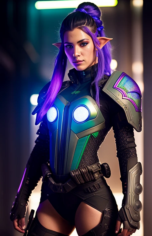 A dynamic pose of a young woman with a fierce expression, short, bright green spiky hair, and piercing blue eyes. She wears a futuristic, form-fitting suit in teal, orange, and white. Behind her, a towering, menacing figure in psychedelic armor with interlocking plates of blue, orange, yellow, and pink. The armor's mask is white with glowing magenta and black eyes. Dramatic lighting, strong outlines, vibrant colors, in the style of Hirohiko Araki's Jojo's Bizarre Adventure. 
