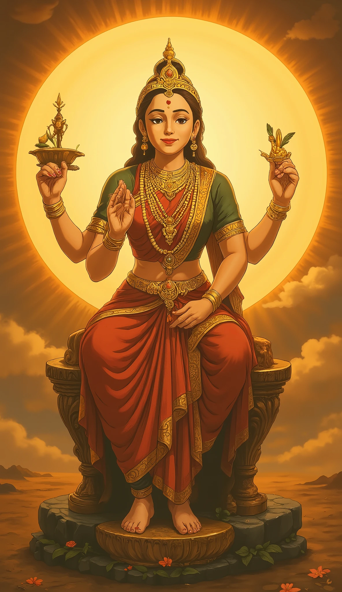 Four hand shree Gayatri Devi Ma sitting on a throne of radiant sun