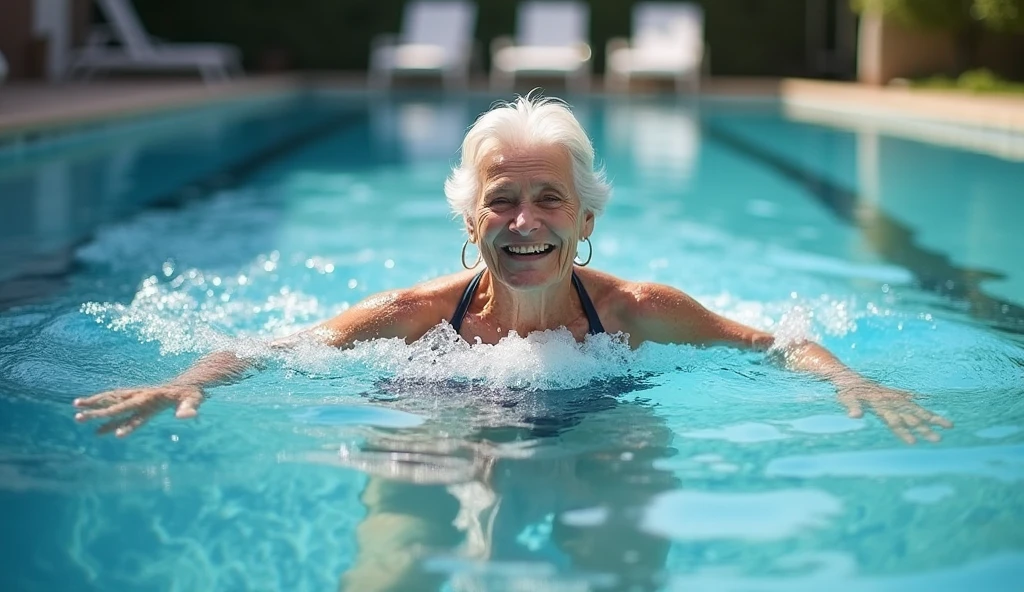 OLD WOMAN WITH FUNNY EXPRESSION, 90 ANOS PELE ENRRUGADA, OLHANDO PRA MIM. EM UMA PISCINA