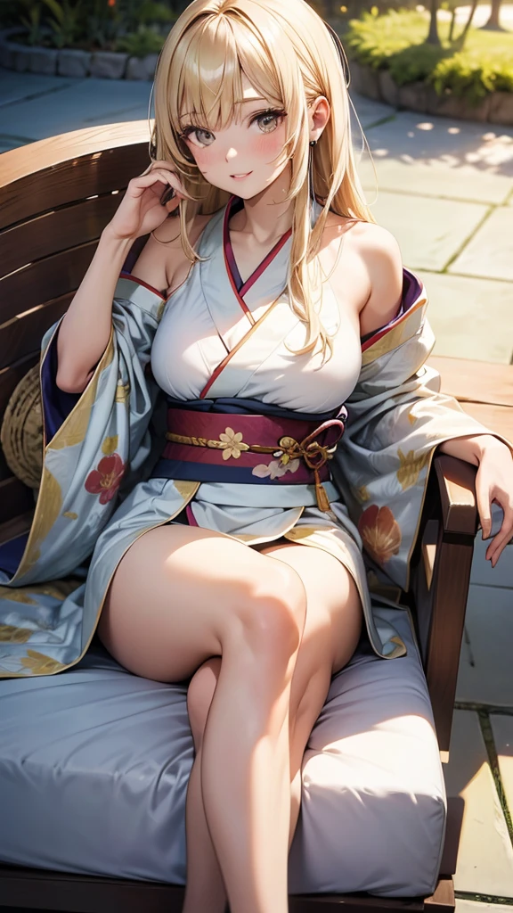 from front view、mix4, (8K, Raw photography, beste Quality, A masterpie: 1.45), (Realstic, photorealestic: 1.37), 1 person only、only girl, Very cute, a blond、bright blonde hair、long hairs、Blue eyes、(((Kimono with no obi)))、Open kimono、Full open kimono、((Nude kimono))、A sexy、One navel、Half-taken kimono、Fallen kimono、top quality photo, a highres, 1080p, (Clear face), (Detailed face description), (A masterpie), (Exquisite CG), Extreme light and shadow, tousled hair, A masterpie, Rich details, Highly detailed facial and skin texture、Naturally glowing skin、(Fine facial features), (Highest quality photos), (A masterpie), (finely eye)、Look in front of you,thights、,neckless、Lots of sweat、((a dark tanned skin))、16 years、150cm、sitting on、Lying、ponie tail