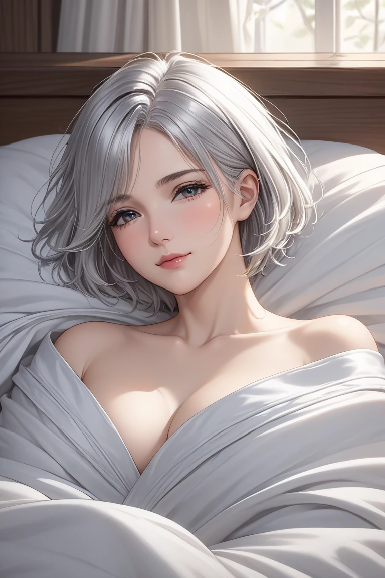 a beautiful woman, ((beautiful light gray hair)), shiny hair, ((fluffy bob cut)), light blue eyes, detailed skin, freckled skin, flushed cheeks, 20 years old, masterpiece、8K、32K、top-quality、(A detailed eye)、(A cute Japanese woman、bangss)、23years old、1 girl in、elegent、(Detailed background depiction、portlate:1.2)、(blushed face、sleepy、ssmile:1.5)、Be undress、(Hotel Bed:1.3)、lie on one's side、(Please raise your arms a little、perspiring:1.4)、cowboy shot、tits out、deep in the night、(Angle from directly above:1.3)、perspiring