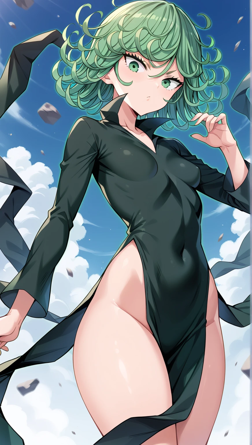 (masterpiece, best quality:1.2), cowboy shot, solo, 1girl, tatsumaki, lustful, closed mouth, looking at the viewer, ass, wide hips, black dress, blue sky, clouds, erotica, female groin