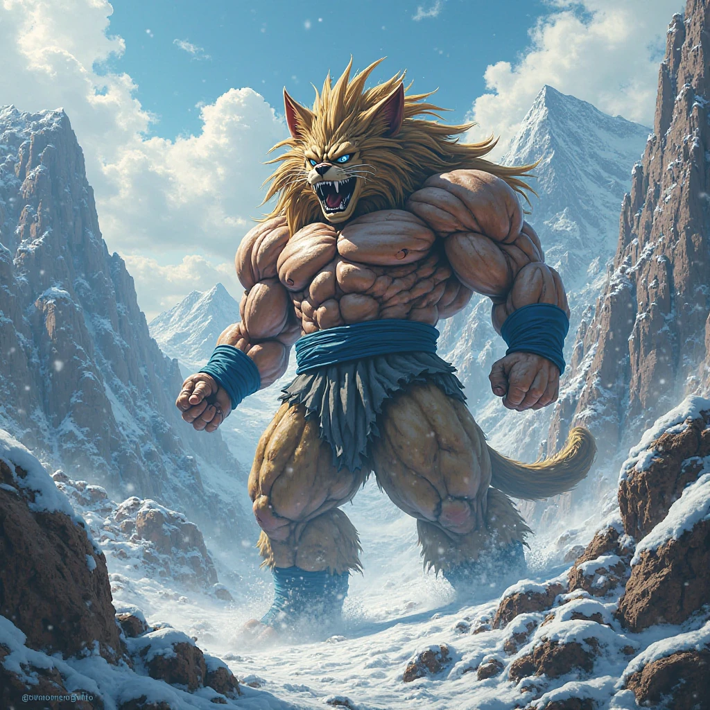 Furry, Kemono, Leon, Leomon, Digimon, solo, Bigg Ass, Male Bulge, masculine, Full body, Feet, Braided Mane, Black leather harness, Spiked Anklet, White fitted fundoshi, (white Fundoshi) , snowy mountains background, (Anime Blue Eyes), (Perfect Eyes), High Resolution, 4K Detailed, Good Lighting, Beautiful, Photorealistic, Realistic, (japanese Fundoshi), (white thong), tail, Lion tail, black claw nails, Big Scar on left shoulder