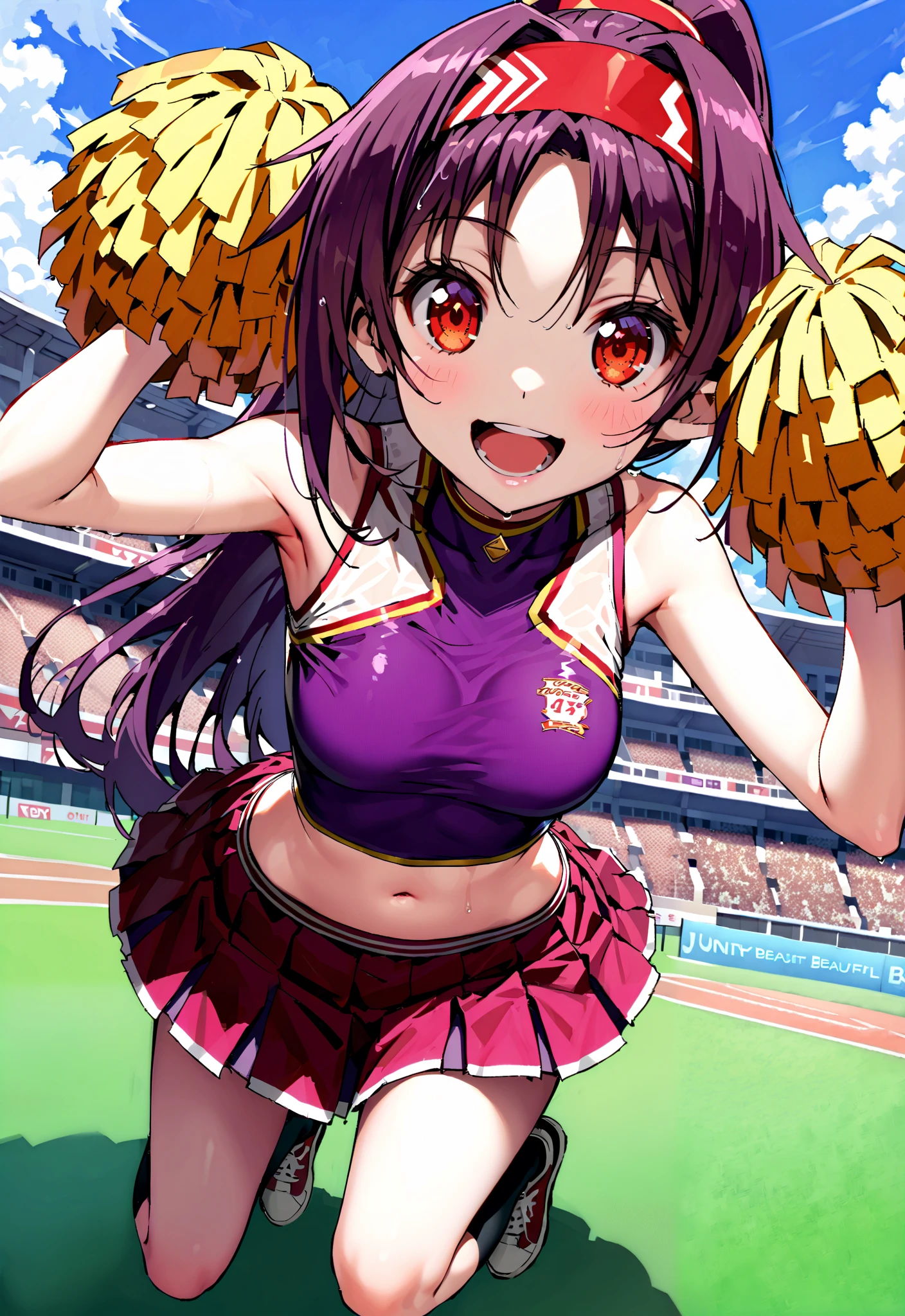 score_9, score_8_up, score_7_up, source_anime,
yuukikonno, yuuki konno, red headband, long hair, pointed ears, purple hair, Red Eyes,ponytail,smile,cover,opens her mouth,(Cheerleading), (full body), on chest, (sweated), sweated Wet Clothes, ( purple clothes),sleeveless, pleated skirt,black socks,sneakers with a ladyback letter, stomach button support , playground, (jump), (jump), 両足を曲げてjumpする, blue sky, Compa, smile,cheerleader, Pom-pom \(Cheerleading\) real hair ornaments,angle for luxurious kisels from below,full bodyがイラストに入るように,break outdoors,Stadium,
break looking at viewer,full body,
break (masterpiece:1.2),top quality , kampala,unity 8k 壁紙,(shape:0.8),( fine and beautiful eyes :1.6),It's a person ,full body写真,CG Details , (perfect hands,complete anatomy),