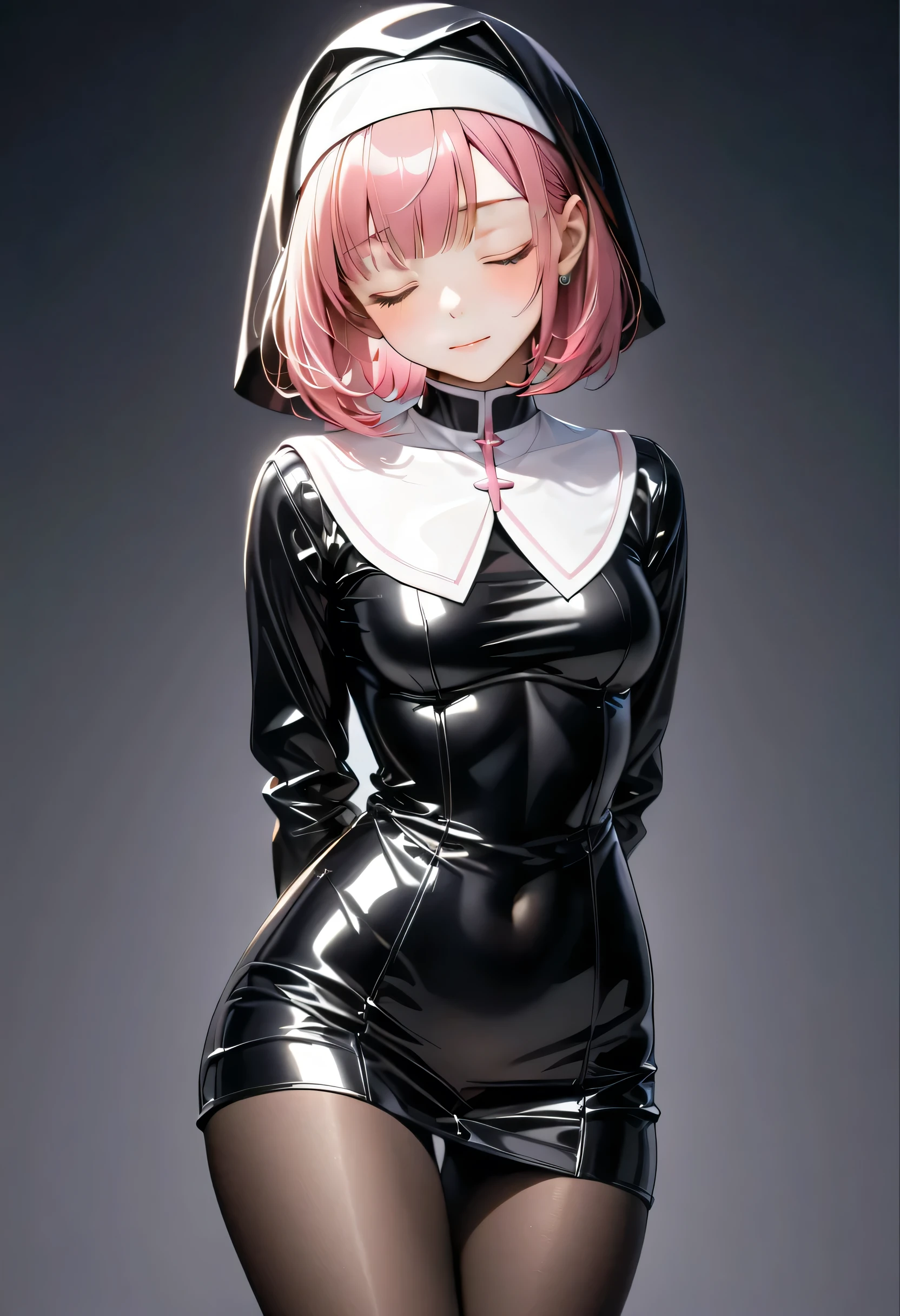 ((((traditional nun)), Leather panties, skirt, Pantyhose, Stiletto heels)), ((Shiny Costumes)), (skindentation), skinny, alone, solo, Masterpiece, highest quality, highest quality, 16K, incredibly absurd, highly detailed, 2.5D, ai-generated, delicate and dynamic, very delicate facial expressions, delicate eye depiction, erotic, only sexy woman, ((A cute and kind face)), healthy figure, ((1 woman)), 160cm tall, ((medium firm swaying bust)), medium breasts, (short hair), Straight Hair, (pink hair:1.5), bob cut, black eye, blush, Sweat,Embarrassed,sexy, ((thin thighs)), shiny and lustrous, facing straight at viewer, smile, ((standing)), ((arm at side)),