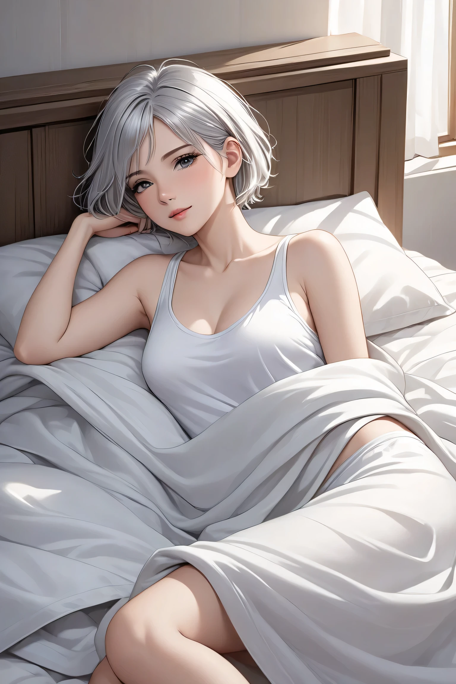 1 girl , Asian , Short silver hair , White skin , pyjamas , Blue eyes , Masterpiece, Cute, clear clothing,Female bed , Thin , Legs are spread apart , Charming, Glossy lips, boobgasm , Bedroom,