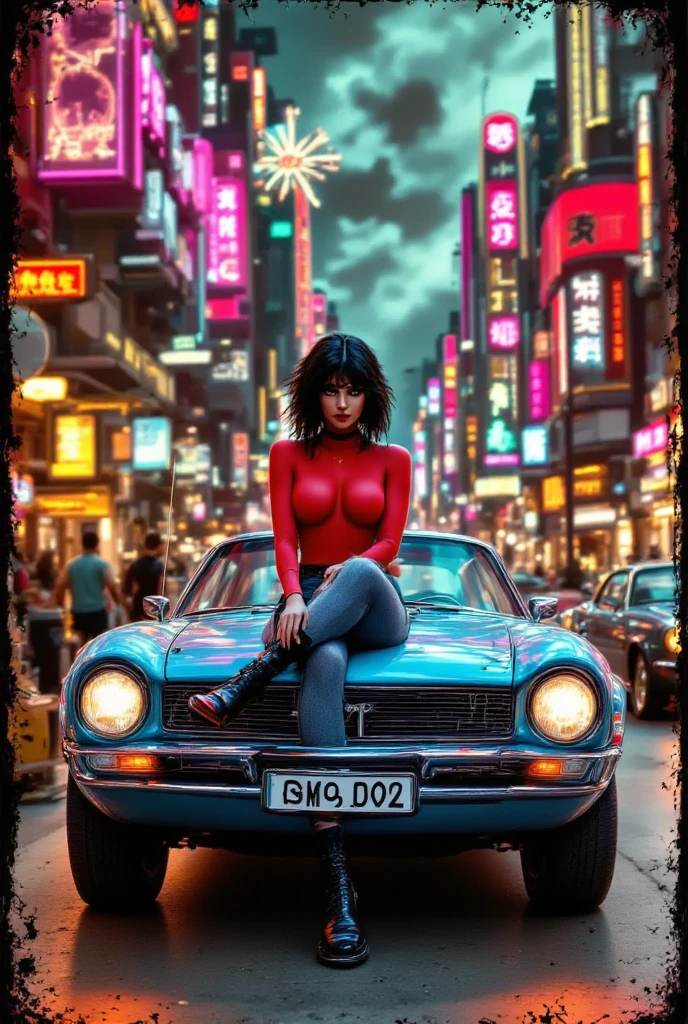 Portrait masterpiece, face closeup, best quality, ((smiling)) naked girl, Cyberpunk boots, wide open jacket, (exposed breasts), fully naked, sitting on a hood of the car, spreading her legs, exposed breasts, hard nipples, showing pussy, hairy pussy, horny pose, after sex cum, eye-catching accessories, trendy and innovative hairstyle, dazzling Cyberpunk cityscape, skyscrapers, neon signs, LED lights, bright and vivid color scheme, anime, illustration, detailed skin texture, beautiful detailed face, intricate details, ultra detailed, cinematic lighting, dark shadows.