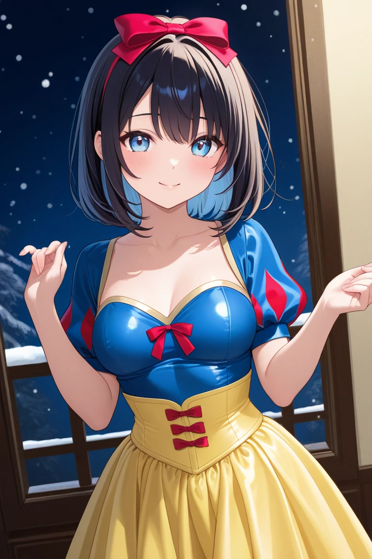 masterpiece, super fine illustration, best quality, light particles, ultra-detailed, 8K wallpaper, (bright colors:1.2), solo, (a little girl), big breasts, (black hair), (hair bow:1.5), (red bow), disheveled hair, long hair, curly hair, shiny hair, shiny skin, beautiful blue eyes, shiny eyes, happy smile, blush cheeks, (Snow White and the Seven Dwarfs:1.4), blue dress, puff sleeve, yellow skirt, fantasy, village house, apple, cowboy shot, anime,