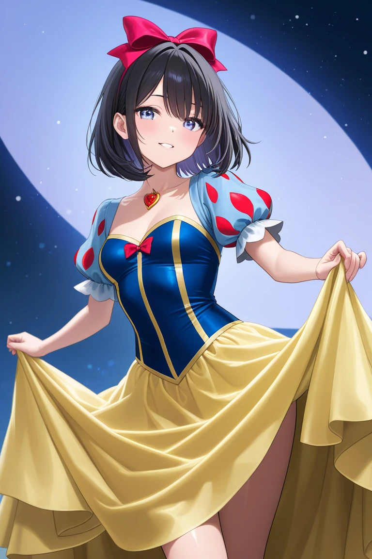 (masterpiece, best quality:1.1), (round logo:1.05), 1girl, solo, (snow white:1.1), from disney's snow white and the seven dwarfs, blue and white, black hair, yellow and blue dress, brown eyes, red hairband, bow, puffy sleeves, gradient background, simple background