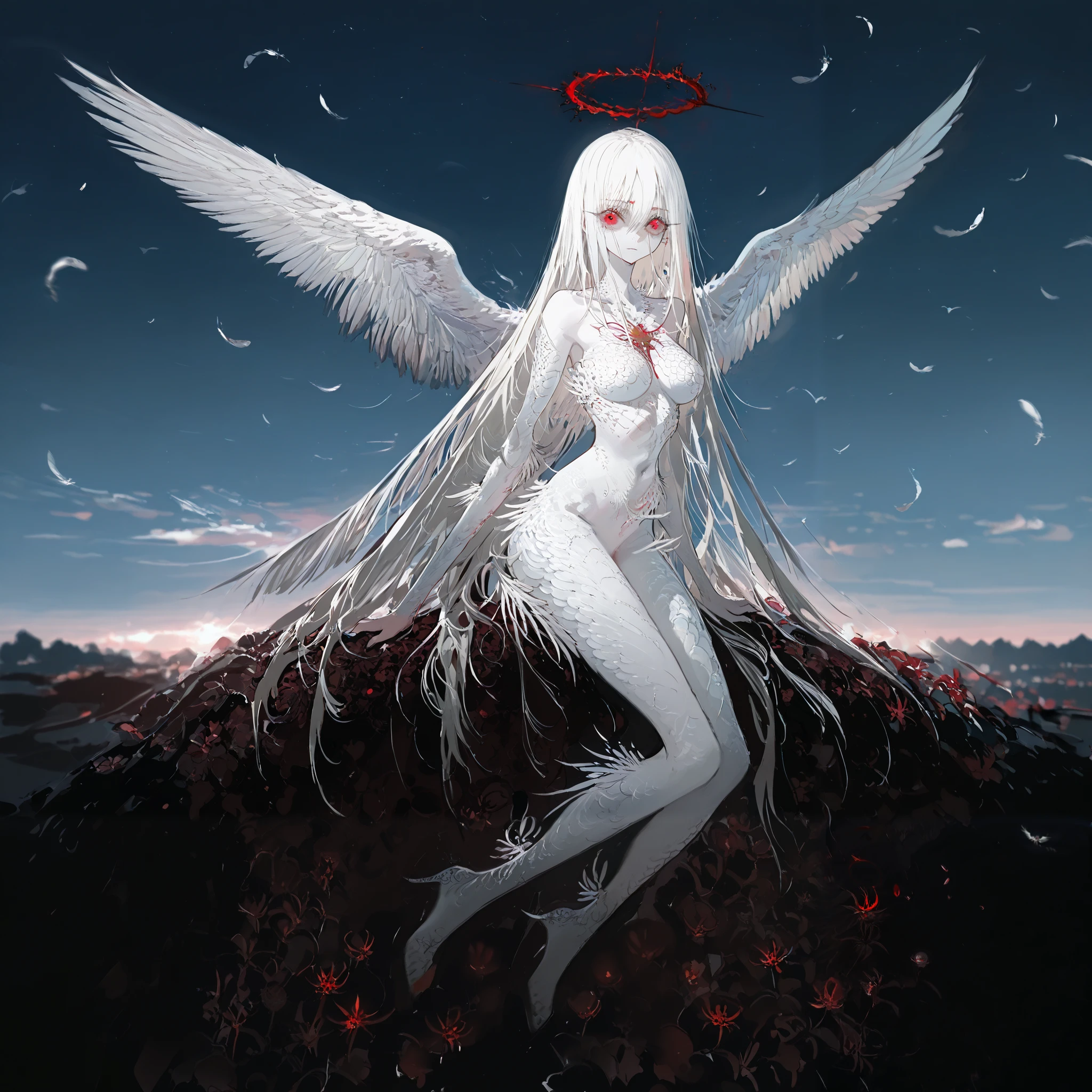 masterpiece, best quality, high quality, detailed, ultra detailed, hyper detailed, insanely detailed, exquisite, beautiful, FHD, Full-HD, 4K, 8K, 16K, highres, absurdres, disappointed, one girl , red eyes , angel in sky , white creature , white skin , white feather , horror , slender , medium breasts ,(((with six angel wings))) , hazy blue sky , MON style ,wide cluster amaryllis meadow , solo , desperate, determined, lonely, serious look, hyper long hair, white hair , eyes wide open, with crazy eyes, fair skin, tall , dark fantasy, dark atmosphere, gothic atmosphere, in the style of distorted, in focus with blurred background ,(((solo))) , super wide view , red halo , blood halo , in the air , nude , feather body skin , (((Floating in sky ))), (((flying))) , bang , full body shot , seraph