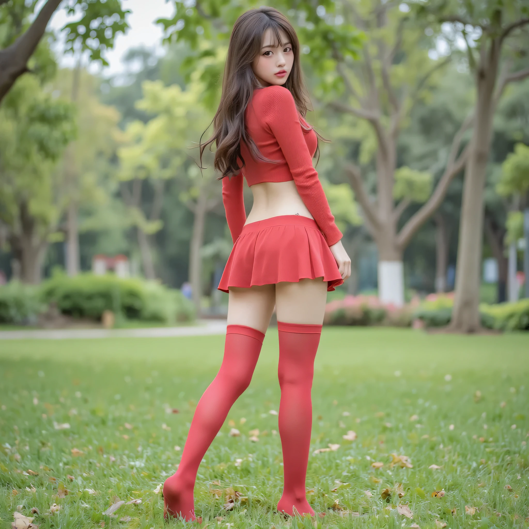 18 year old Korean girl with straight, very long hair brunette poses in the park in a very short school mini skirt and long legs in red stockings, we can see her buttocks under her skirt