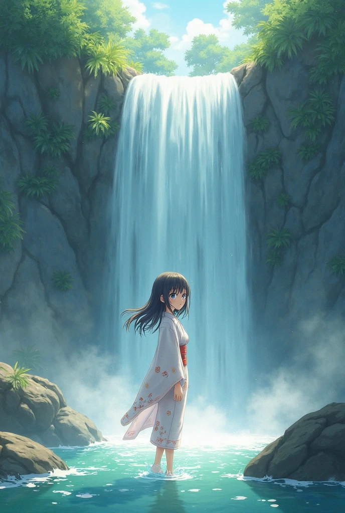In the bright forest、A female ninja bathing in a waterfall。Her naked body is visible through her wet, thin, white yukata。Clothes left on the rocks。Short hair。
