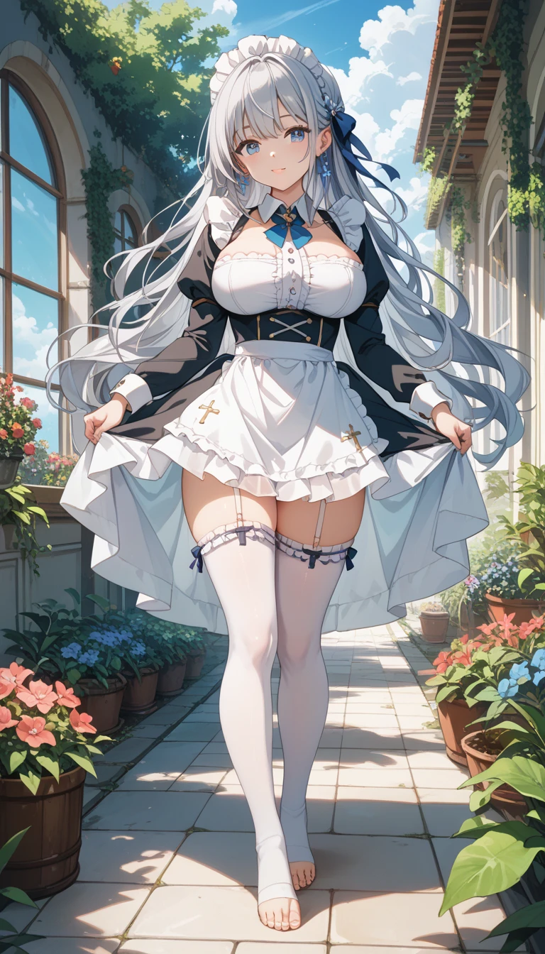 masterpiece, best quality, high_resolution, fine details, very detailed and beautiful, distinct_image, 1 girl, solo, from below, silver hair, red eyes, dragon horns, (huge breasts), (), outdoor, plants, botanical garden, dolphin shorts, back arms,school uniform,miniskirt,thighhigh,kiss