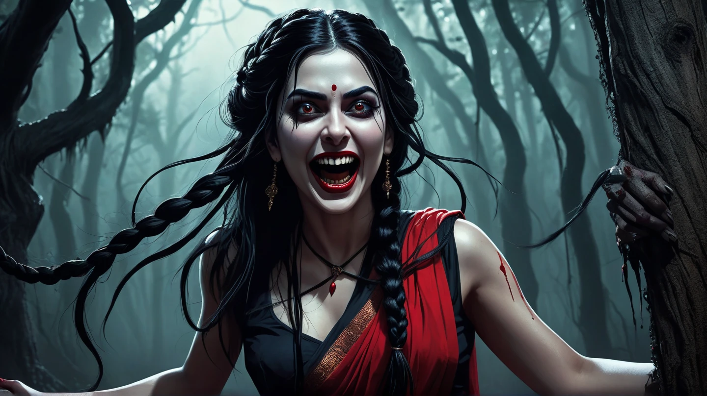 Digital illustration with a dark, eerie style. The layout features a central figure, a woman with long, disheveled black hair, her hair contains snake, crawling towards the viewer. Her skin is pale, and her eyes are glowing white, scary looks, cruel smile on face, blood on teeth, giving her a menacing appearance. She has a wide, sinister grin with sharp teeth. The woman is dressed in a white sari with red borders, dark atmosphere, scary bloody ambience