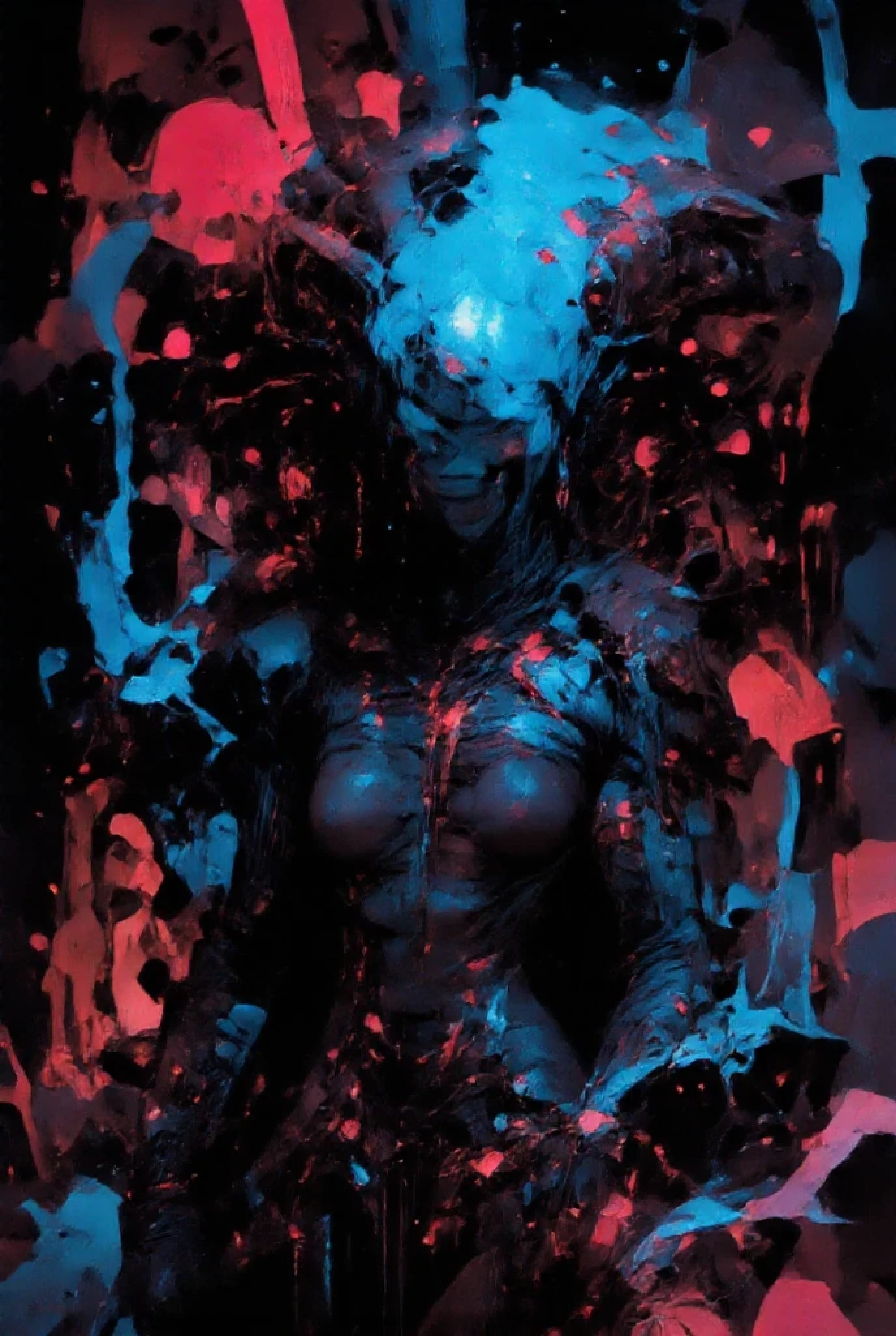 horror fantasy,micro Art details inlayed throughout,High Resolution, Horns, Abstractionism, Action Painting, Best Quality, Textured Skin, Super Detailed, High Details, Clenched Teeth, No Pupils, Crazy Smile, Depressed, Demon Horns, Bokeh, Blending, Reflection Light,Action Painting, Artistic, Pop Art, abysmal Black skin, hyper grotesque, appalling, Japanese New school macabre-Popdeath, graffiti inlayed throughout animation,Depth Of Field, Bokeh, Cinematic Lighting, Reflection Light, Image Fill, Apocalypse, Art Nouveau, Conceptual Art, Genre Painting, Pop Art, Jewelry, Genre Painting, low brow esthetic