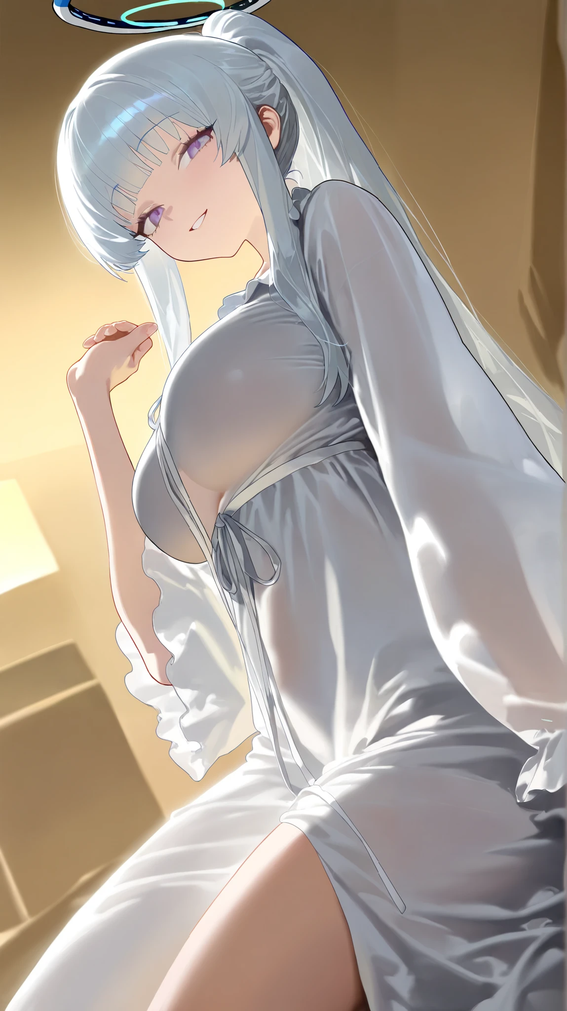 1girl,noa \(pajamas\),purple eyes,halo,white hair,white dress,ponytail,
year_2023,foreshortening,highres,high definition,absurdres,amazing quality,best quality,masterpiece,very aesthetic,masterpiece,simple background,
indoors,cowboy_shot,see-through clothes,looking at viewer,close-up,macro_shot,seductive_smile,naughty_face,,(),love hotel,dark,lambent light,sitting on bed,cinematic_angle,from_side,