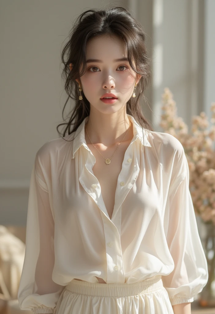 absurdres, RAW photo, extremely delicate and beautiful, masterpiece, Best Quality, ultra high resolution, 32k, hyperrealistic, ultra-detailed, in her 20s, delicate facial features, tearful mole, earring, medium breasts, full body shot, shorter middle hair, black hair, skirt, button up shirt,