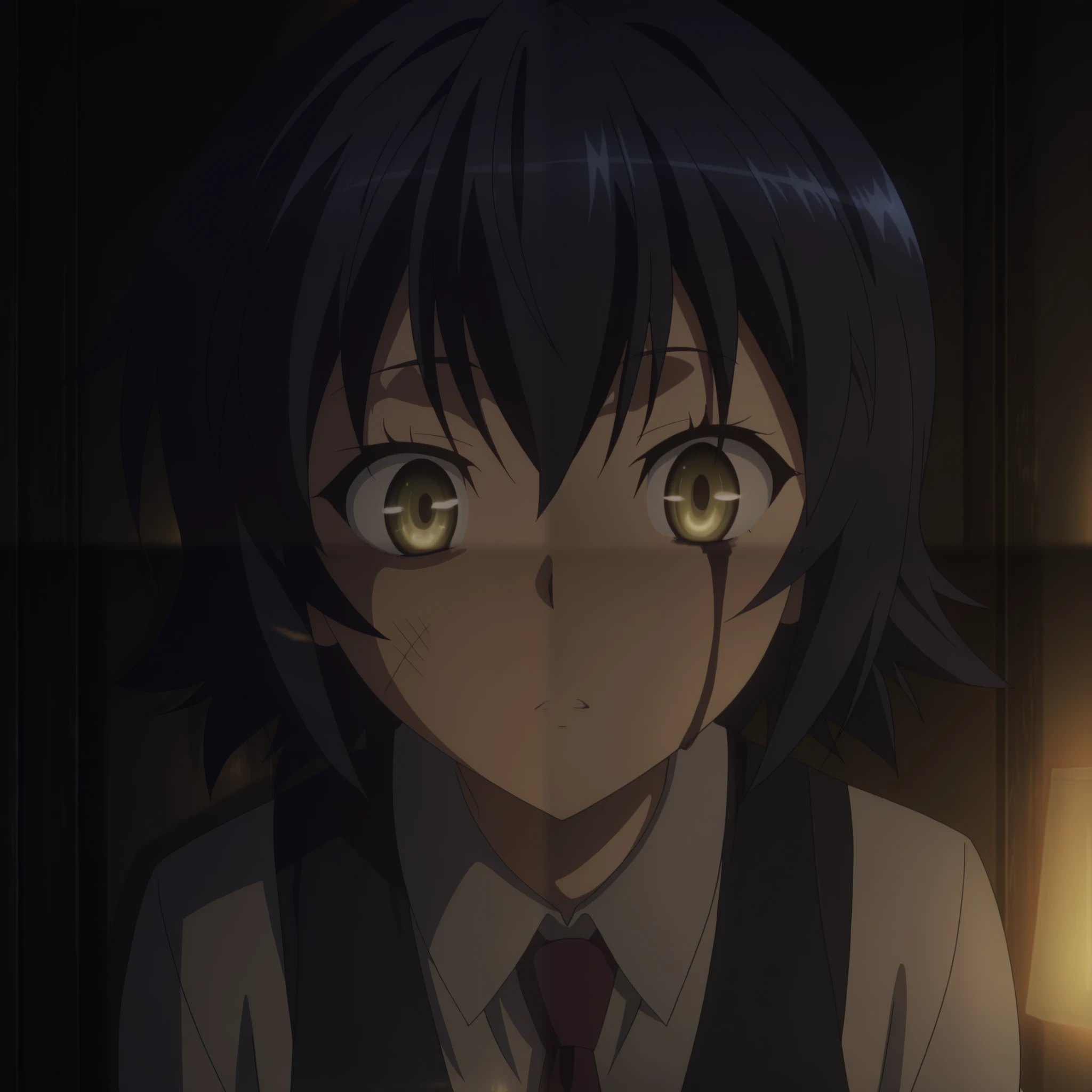 anime screenshot, Anime coloring,  , no expression on the face,  Dark ,  Dark  blue theme, Warm light, Set, tie, facial focus, 