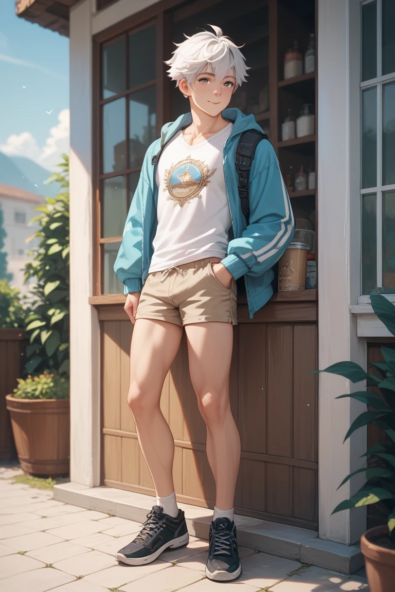 A thin twelve-year-old blond elf boy in shorts, shirtless, barefoot