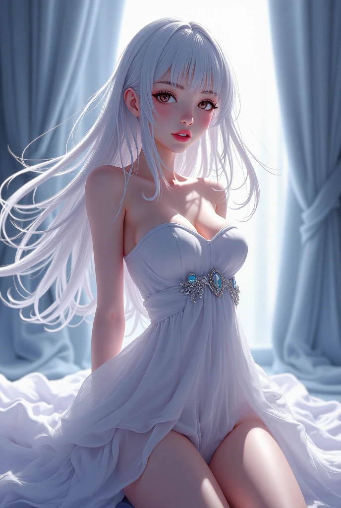 there is a woman with a white dress and a red rose in her hair, anime cosplay, anime girl cosplay, cosplay photo, anime style mixed with fujifilm, cosplay, white haired deity, a beautiful kitsune woman, cosplayer, white cat girl, girl silver hair, nekomimi, anime girl in real life, ayaka cosplay, white hime cut hairstyle