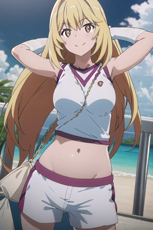 lucy from chrono ark, 1girl, solo, small breast, soft smile, looking at viewer, blurry background, outdoors, half body, slim, ((masterpiece)), best quality, high detailed illustration, high detailed background, hi-res, standing, upper body, (bikini), showing her back