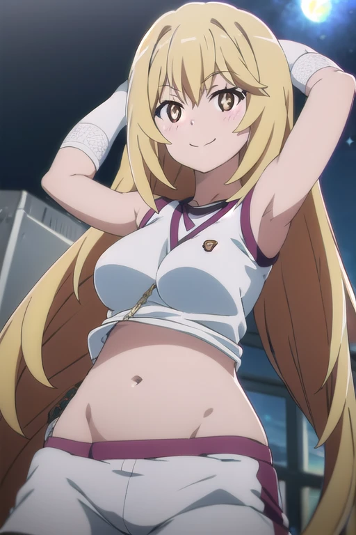 houjousatoko, shorth hair, hair blonde, purples eyes ,hair elastic, breasts big, , Live Stage, naked