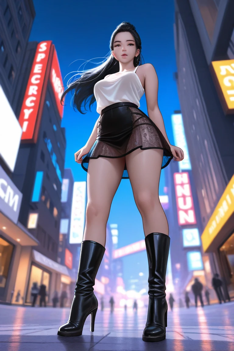 (Best Quality, Masterpiece:1.2), (detailed woman), 1girl, solo, Taiwanese woman, long black hair, With bangs,1 female in, 28 yo, Beautiful face, glossy lips, red lipstick, closed mouth, smirk, big breasts, deep cleavage, pale skin, smiling, teeth, ((Wearing: Black tight tank top, Tight Denim booty shorts, black high-heel shoes)), butt sticking out, walking down the city streets
