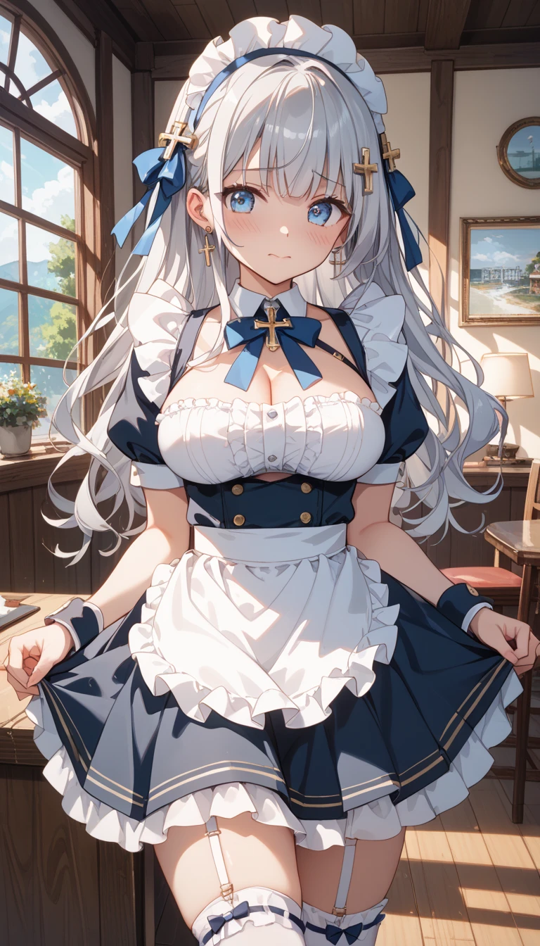 best quality, very good, 16K, Ridiculous, Extremely detailed, Cute white wolf beast girl, big ear, Rainbow blue eyes, Smile, Big Breasts,Wearing a cute frilly dress with white ruffles,Exposing breasts,Sexy,Shy ,Cooking in an apron, Background log cabin fairy tale kitchen