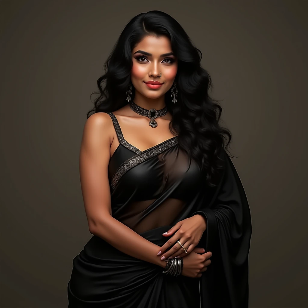A girl wearing black saree black bangles black lipstick and black hairs sitting in a garden in bright night