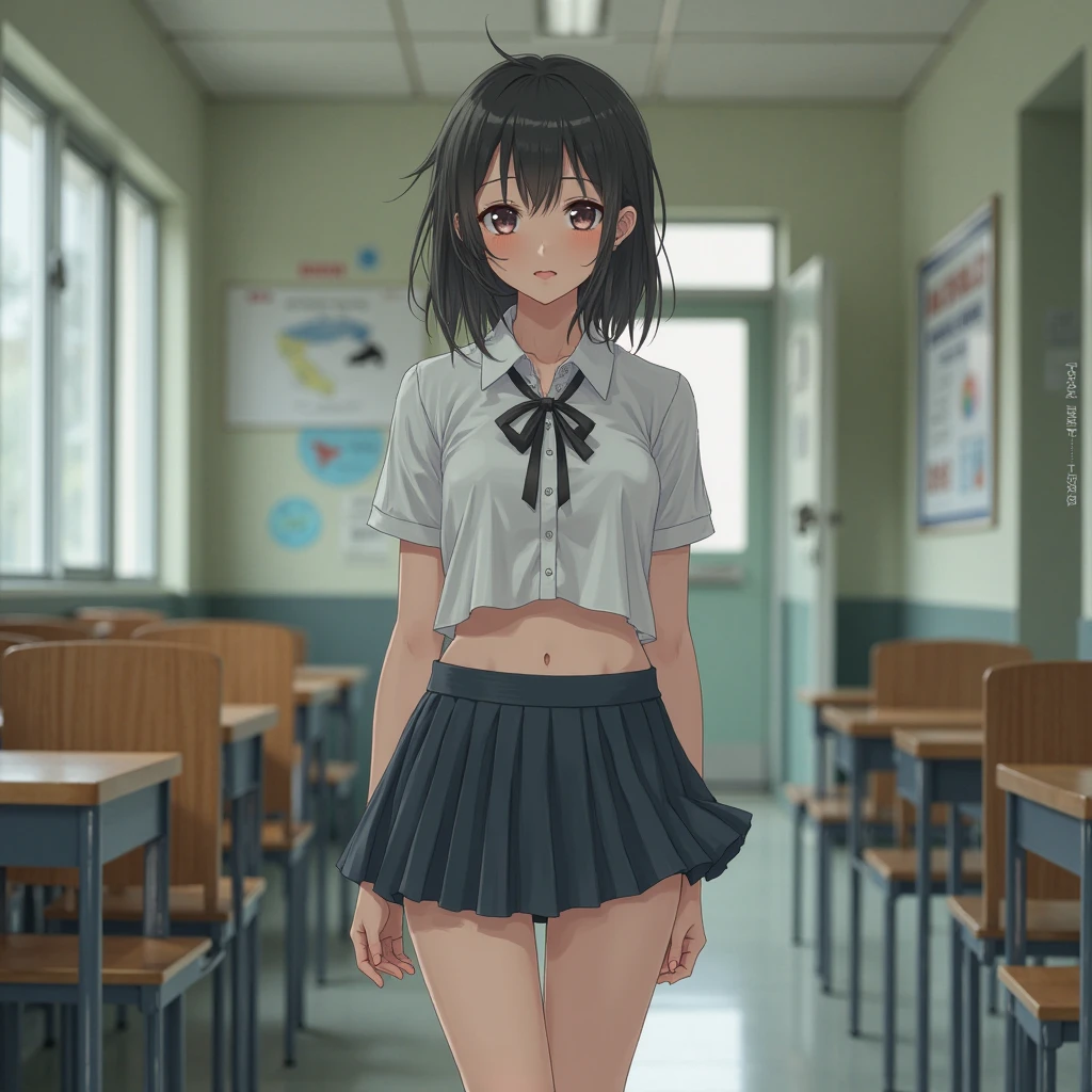Diakrosawa, dia kurosawa, black hair, (green eyes:1.5), dull bangs, grey skirt, hair ornaments, hair clip, mole, mole under mouth, (small breasts:1.2),
break grey skirt, midriff peak, pleated skirt, school uniform, serafuku, short sleeve, skirt, uranohoshi school uniform,
break looking at viewer,
break indoors, classroom,
break (masterpiece:1.2), highest quality, High resolution, unity 8k wallpaper, (figure:0.8), (beautiful and fine eyes:1.6), highly detailed face, perfect lighting, Very detailed CG, (perfect hands, perfect anatomy),