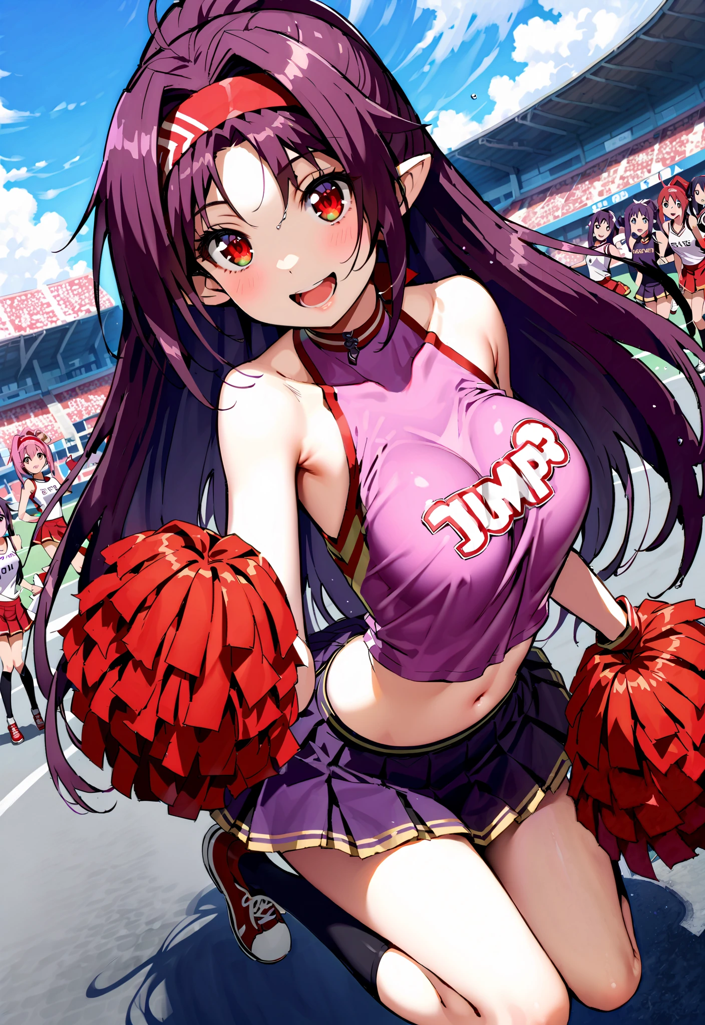 score_9, score_8_up, score_7_up, source_anime,
yuukikonno, yuuki konno, red headband, long hair, pointed ears, purple hair, Red Eyes,ponytail,smile,cover,opens her mouth,(Cheerleading), (full body), on chest, (sweated), sweated Wet Clothes, ( purple clothes),sleeveless, pleated skirt,black socks,sneakers with a ladyback letter, stomach button support , playground, (jump), (jump), 両足を曲げてjumpする, blue sky, Compa, smile,cheerleader, Pom-pom \(Cheerleading\) real hair ornaments,angle for luxurious kisels from below,full bodyがイラストに入るように,break outdoors,Stadium,
break looking at viewer,full body,
break (masterpiece:1.2),top quality , kampala,unity 8k 壁紙,(shape:0.8),( fine and beautiful eyes :1.6),It's a person ,full body写真,CG Details , (perfect hands,complete anatomy),