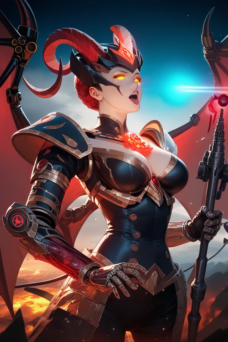 (masterpiece, best quality:1.3)
<lora:epi_noiseoffset2:1> <lora:add_detail:0.7> <lora:SmiteNox:0.9>
SmiteNox, 1girl, solo, breasts, looking at viewer, large breasts, red eyes, holding, cleavage, tail, weapon, parted lips, horns, armor, lips, glowing, helmet, gauntlets, glowing eyes, glowing eye
