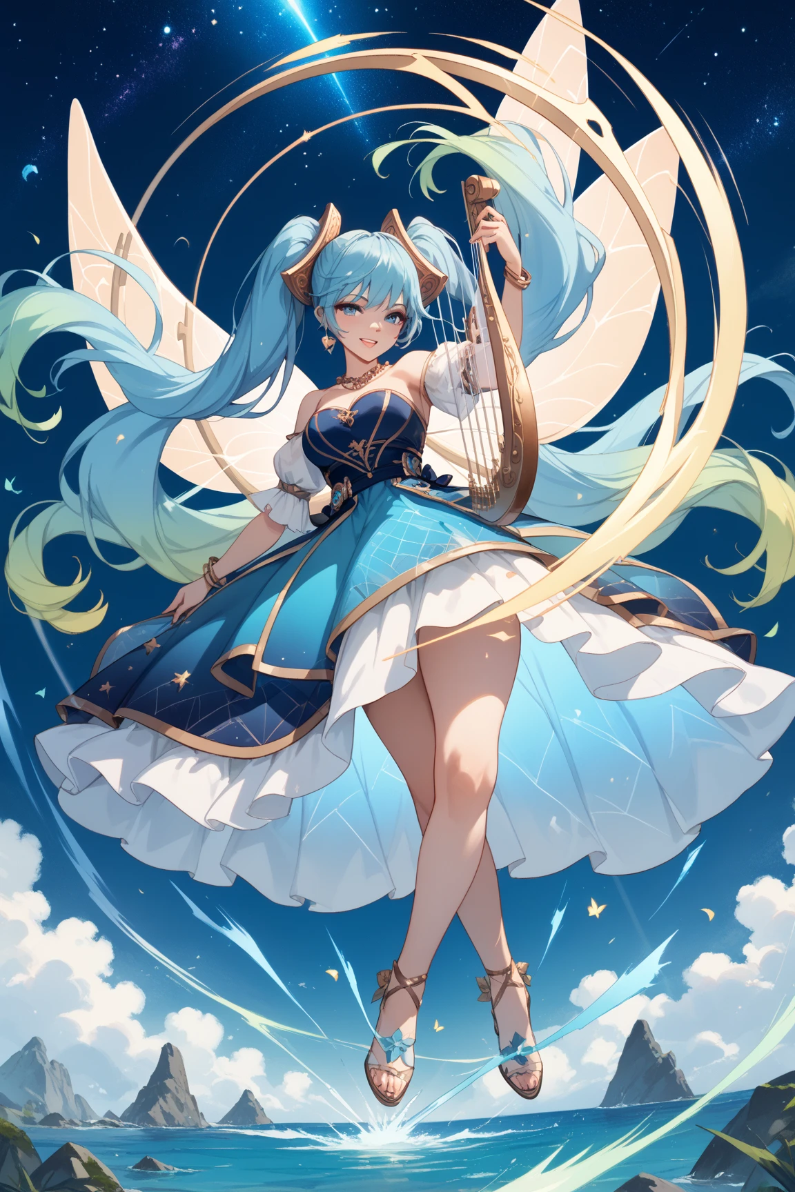 Marshmallow, warlock archfey, quirky looking man, fairy, holding a magic harp in his hands, stars and musical notes surrounding them, Dark blue background, dotted with sparkling and falling stars, high and exciting mood, Best quality, masterpiece, hyper detailed