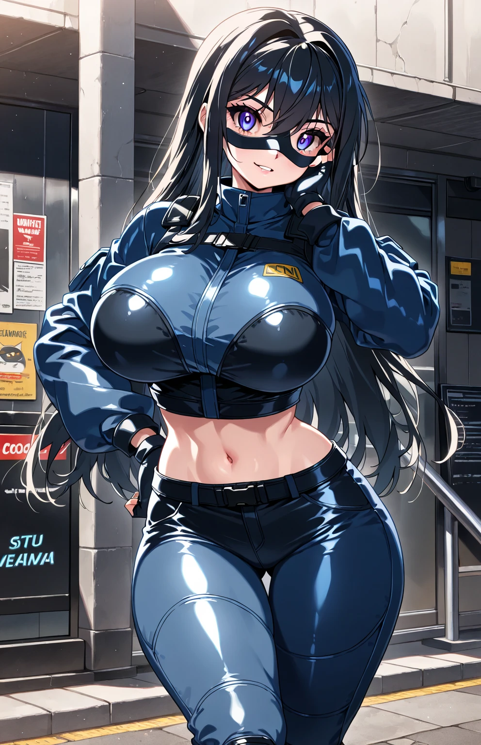 woman,25 years old,,city,night,(((white and blue tight miniskirt bodysuit))),,open mouth smile(())(glasses),((beautiful long ponytail)),(()),blush、surprised face,((())),((turn around and look back))wet with sweat