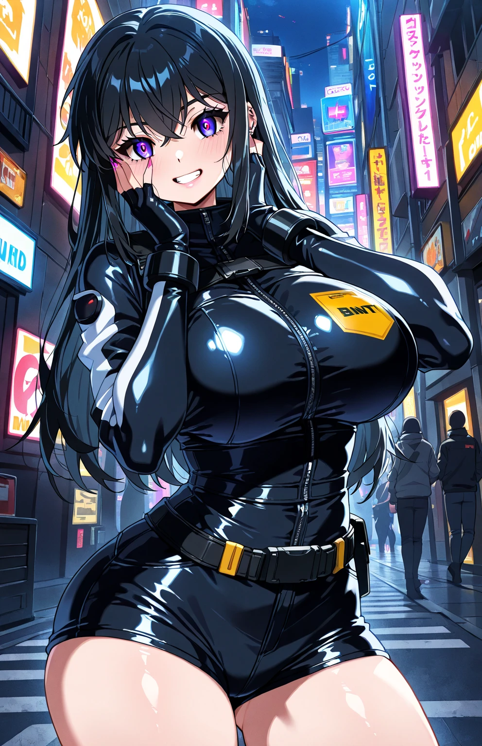 Mulher agitada anime encantador em terno azul e saia justa、black tights、Visual convidativo、Top preto e cabelos castanhos,,,estilo anime ecchi, Incline-se para a frente para mostrar o peito,Kamimei,Red Light District at Night,Neons、Mulher de Carreira