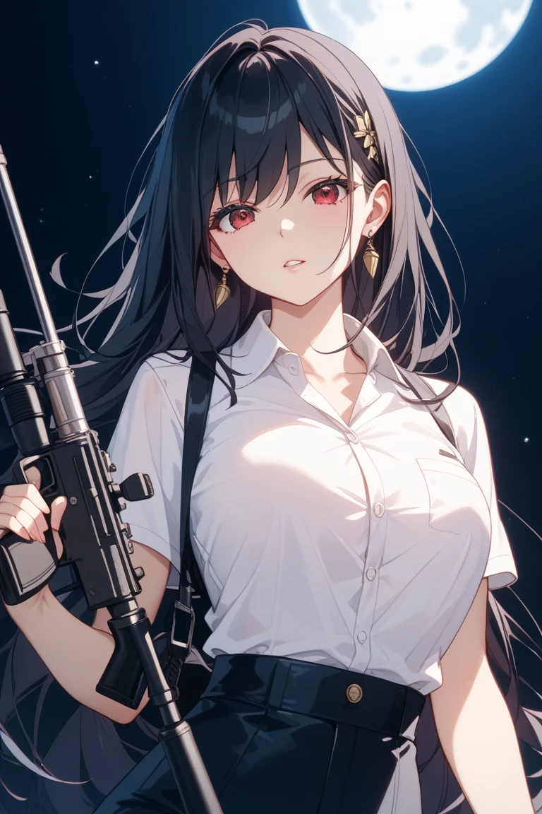 An enchanting and seductive waifu sensually licking a sniper rifle.