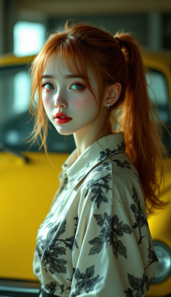 ((realistic, best quality, highest resolution, 8k)), ((accurate , accurate body, accurate hands, Accurate feet)), full body photo, She's a beautiful Japanese girl with lovely big , ponytail hair, There is a yellow car behind the orange hair , silver eyes, red lips, pale skin, clean skin, Haunted house, cat ghost, 그녀는 cat ghost 분장을 하고 있다, 아주 scary, scary, Darely dressed up, Her eyes are shining, beautiful smile