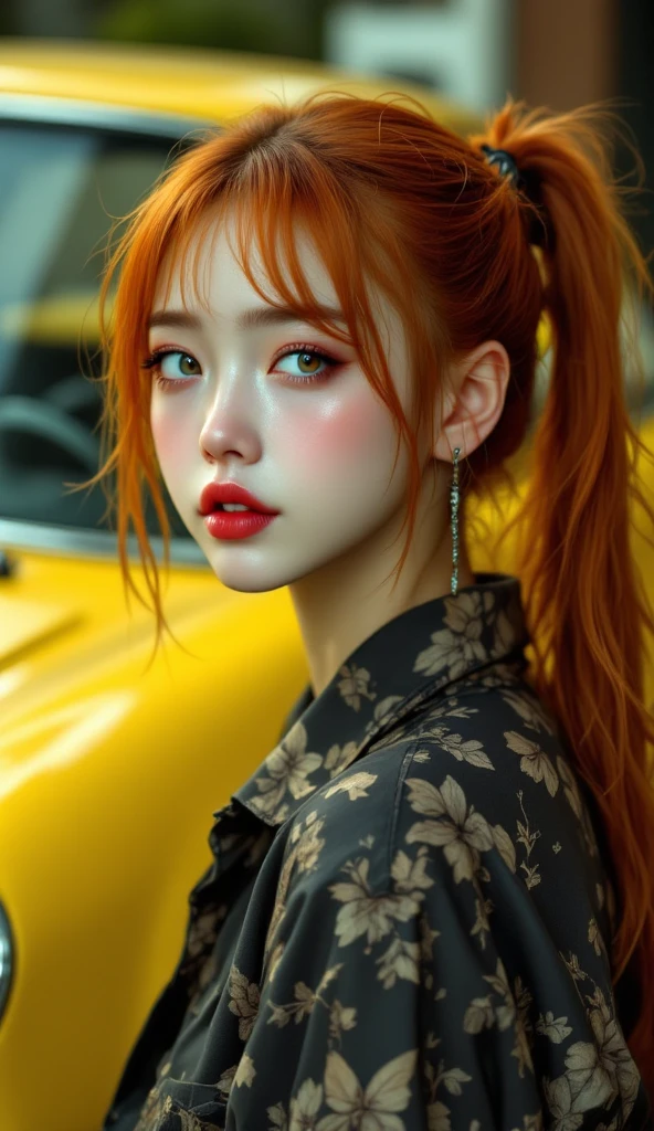 ((realistic, best quality, highest resolution, 8k)), ((accurate , accurate body, accurate hands, Accurate feet)), full body photo, She's a beautiful Japanese girl with lovely big , ponytail hair, There is a yellow car behind the orange hair , silver eyes, red lips, pale skin, clean skin, Haunted house, cat ghost, 그녀는 cat ghost 분장을 하고 있다, 아주 scary, scary, Darely dressed up, Her eyes are shining, beautiful smile