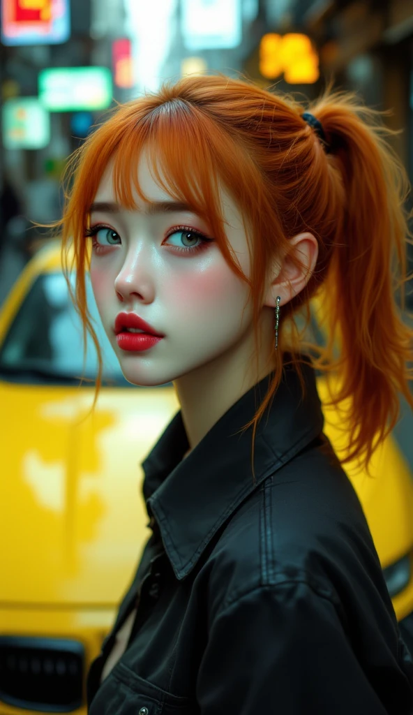 ((realistic, best quality, highest resolution, 8k)), ((accurate , accurate body, accurate hands, Accurate feet)), full body photo, She's a beautiful Japanese girl with lovely big , ponytail hair, There is a yellow car behind the orange hair , silver eyes, red lips, pale skin, clean skin, Haunted house, cat ghost, 그녀는 cat ghost 분장을 하고 있다, 아주 scary, scary, Darely dressed up, Her eyes are shining, beautiful smile