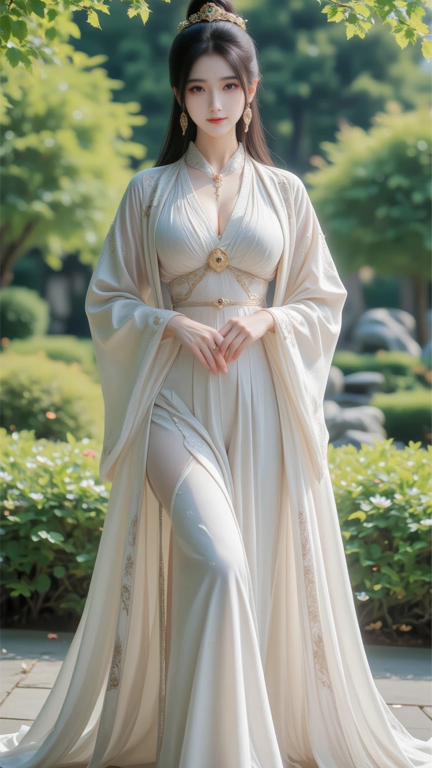 gufeng,bare shoulders,(masterpiece, best quality:1.2), 1girl, solo, In the depths of Wonderland,The moonlight falls like water,foggy room,The figure of the heroine is vaguely visible,Just like the fairy in the painting,Slender sexy legs,Very nice legs,Leaking sexy legs,Big breasts,美丽而又带着一丝mystery的色彩。Her face is beautiful and delicate,Like finely carved jade,Showing otherworldly beauty。The eyebrows are picturesque,The waves in my eyes are like twinkling stars,Show the light of perseverance and wisdom。The bridge of the nose is straight,Lip color like cherry,The slightly raised corners of the mouth reveal confidence and calmness。Her face is well defined,The skin is as fair as jade,Reveals a healthy glow,Just like a fairy, she never eats fireworks in the world。Her makeup is light and delicate,Not too much embellishment,But enough to show her temperament and charm。Light-colored foundation brings out the transparency of the skin,A light eyebrow pencil outlines her perfect eyebrow shape,Eye makeup is eye shadow and eyeliner,Make her eyes brighter and more energetic。嘴唇涂上grace的口红,Adds a bit of charm and sophistication。她的衣服grace别致,Clothes flutter,It seems like it will be blown up by the wind at any time,drifting into the distance。既不失grace,Also showed her extraordinary skills。Rocking with her movements。Her hair is tied back casually,Secure it with a hosta,A few strands of hair are fluttering gently in the wind,Adds a bit of softness。Her figure is looming in the fairyland,宛如一道Big breasts美丽的风景线,attracted everyone's attention。She seems to be a fairy in wonderland,Big breasts美丽、grace、mystery、and full of power。