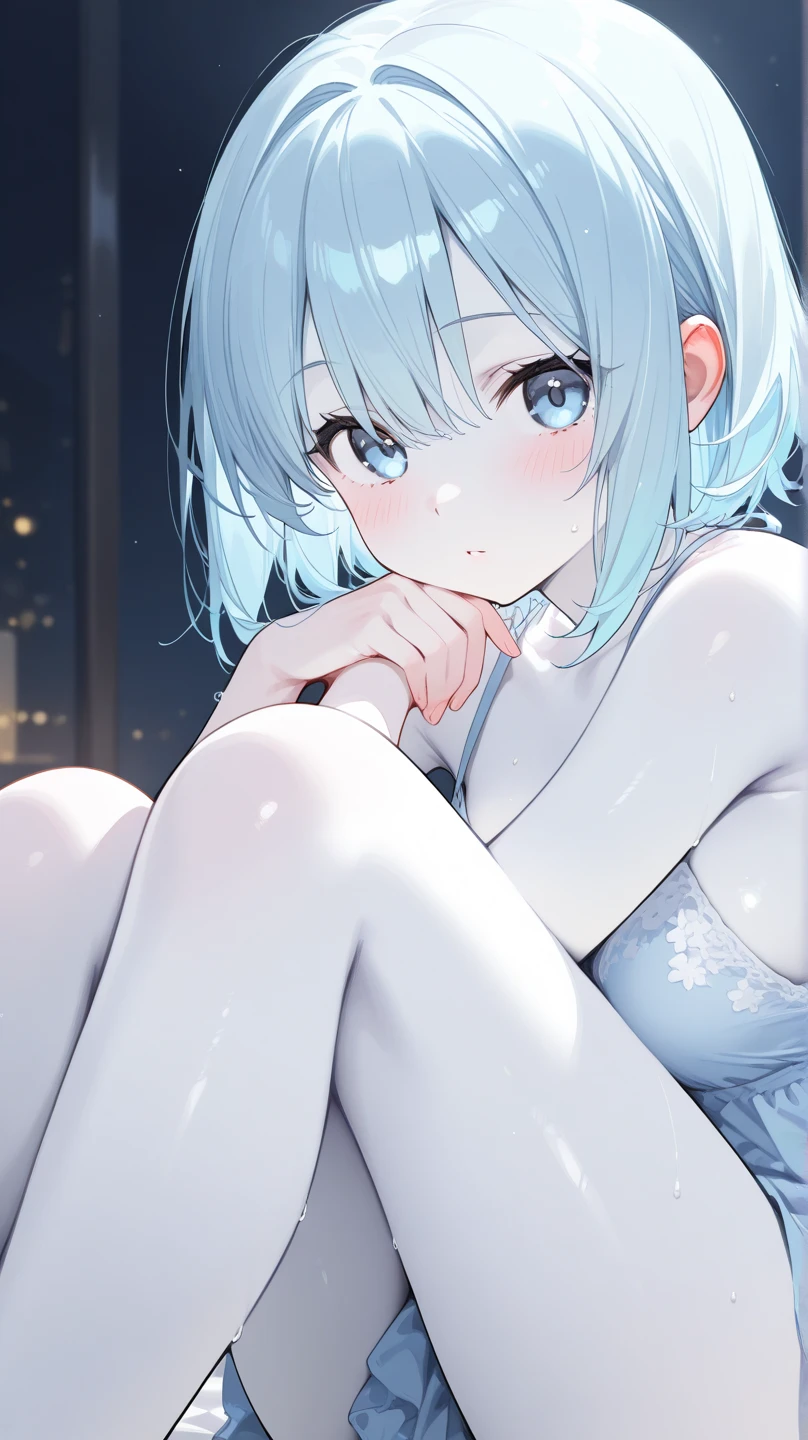 a cute loli，Long grey hair，Leaky shoulders，Barefoot，Look up at your head，Lie on the ground，raise her legs，shift dresses，white  panties，largeeyes，Cute faces in anime，Lori，long white socks，masturbation,Sleeveless,Sheer costume,Nobura,(Covered :0.9), Shaded face, Looking at Viewer, Breast curtain, breast curtains, (Small breasts:1.2), From Side