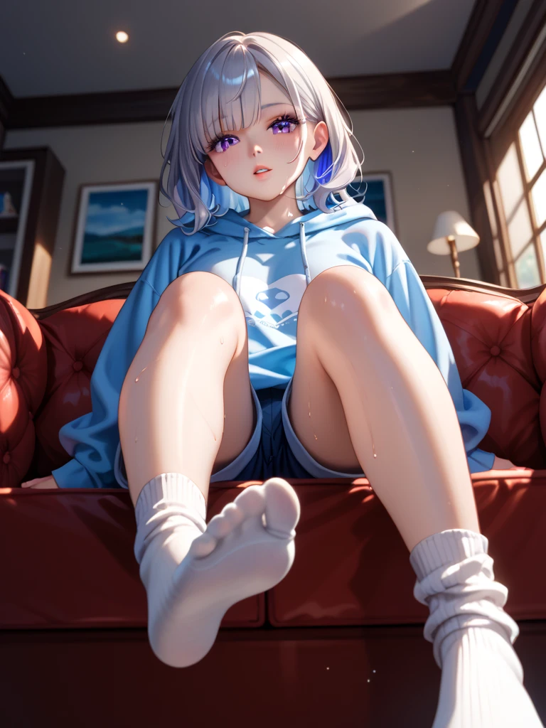 (masutepiece: 1.2, Best Quality), 1 Lady, Solo, silber hair,Shoulder out,Very short hair, long bangs between eyes, blue eyess,Black eyes, Hoodie,White hair, Silver hair, Hoodie, White hoodie、inside in room、sit a chair、A smile、open open mouth、5 fingers