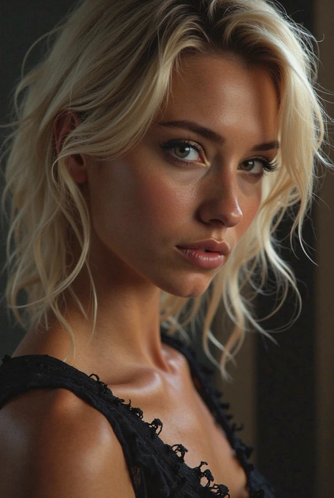 Mix a blonde woman (Isabella Deltore, Ursula Karven, blonde Behati Pinsloo und blonde Meghan Markle), Sun-tanned skin, Hairline, blonde hair with many blonde streaks, pointed nose, bleached blonde bob hair, Shoulder Bob, 45 years old, lifted face, Nose for Plastic Surgery, Vampir-Lifting, Pores on the cheeks, broad nasal bone, Eye wrinkles, Pointed cheekbones, HIGH CHEEKBONE, Almond eyes, schmale Almond eyes, Smokey Eyes Make-up, Vamp Make-up, Subscribe to something, brownish skin, Surgical lips, detailed face details (freckles, folds, Hautporen) Full body image (detailed realistic face), (((Hyperdetailed))), symmetrical face, detailed students, expressive make-up, Real photography, modern look, Real photography (realistic:1.5); , Bold dark eye makeup Vamp Mascara, long black dark eyelashes, Show hips, black eyeshadow, spectacular show make-up, Image grain, pixel grain, high contrast, Hips posing, sexy hips, Full body shot, long legs, sexy legs, large , large , busty, Image grain, analogue photo, (sexy pose), (((Breasts cup size C))), ( no underwear))), (((neon lights ))), (((slim body))), (((((Trained body))))), abs, Model Bag, supermodel, masterpiece, Eye level, Kodak Funsaver, Typ 160, 20mm, bokeh, nervous, sea, high contrast, modern realistic background interior, Not Safe for Work, (Photo taken from below, Focus on high heels:1.5), (Voyeur:1.5) (Beinmodell:1.4) (Garters and stockings:1.1) (chic Instagram filter:1.4) (Blonde bimboStyle:1.2) (Getty image quality:1.4) (photo of the year) (vagina:1.6) (She is ashamed because her dress is way too tight:1.7) ((she tries to cover her body because the dress is too small1.7) (she feel very unconfortable:1.8) (her face looks sad:1.8) (she feels unconfortable:1.8) (embarrassed pose:1.3))
