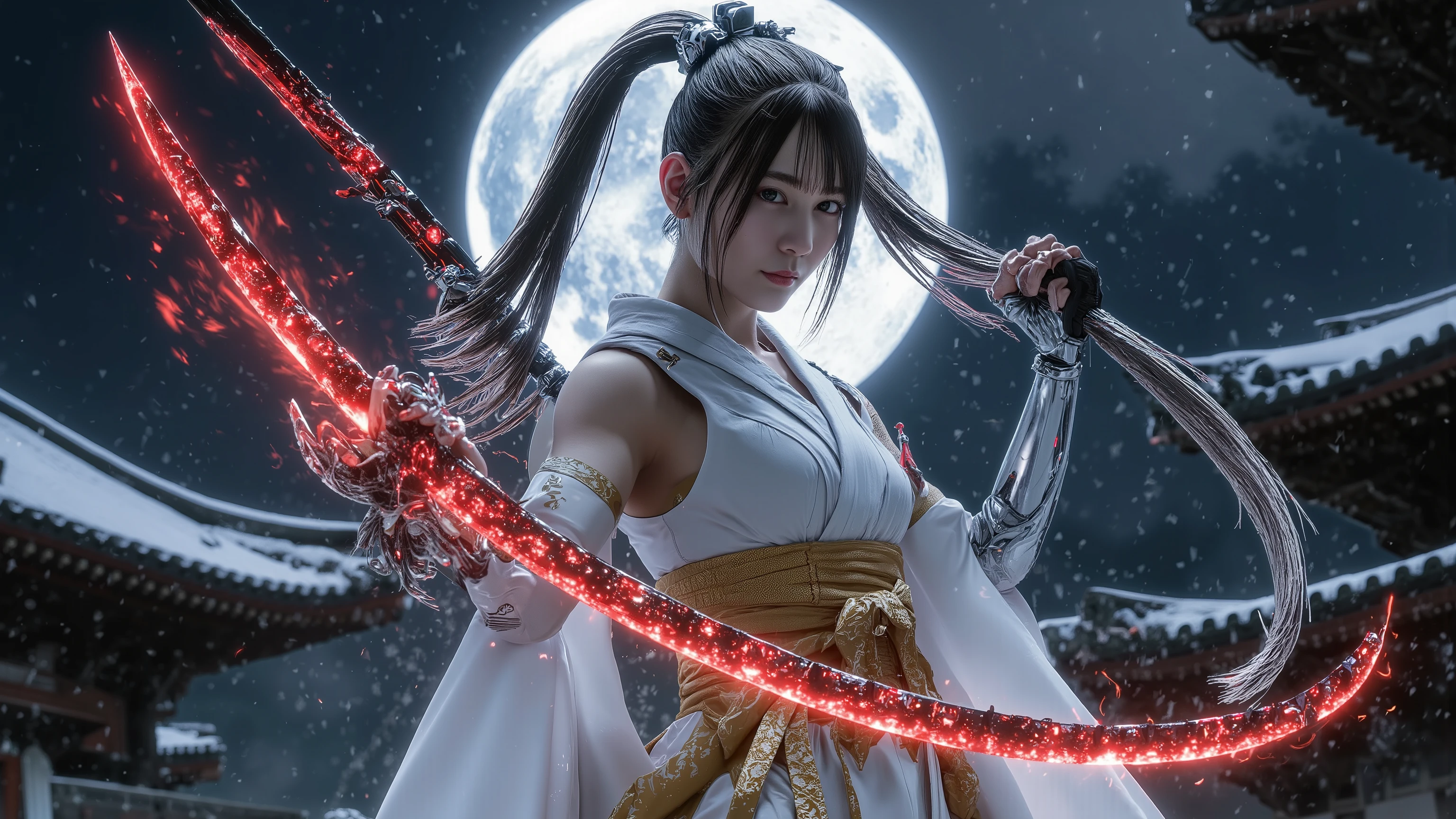 (Grand Prix winning combat movie scene)、(masterpiece)、 moonlight、 excited 、((Full body illustration 1 .5))、((Figure pulling out a sword ))、 wide full shot 、 photorealistic, 高精細CG, best image quality, 8k, HQ, is extremely fine, (I have a big sword of red flame:1.2)、 holding a Japanese sword with red lightning in my hand、 extraordinary beauty、Snow and cherry blossoms dance at night、 the dim light shines 、Ancient temple background 、私はholding a Japanese sword with red lightning in my hand美しい黒い , white, and a golden kimono 、(refined, feminine silhouette:1.4)、( perfect style:1.1)、( :1.3)、((( cyberpunk with silver and red limbs )))、( white and black gradient hair)、( Tattoo:1.3)、Perfect Headdress 、 perfect earrings
