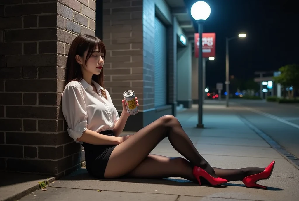 8k, highest quality, (pubic hair beauty)、High resolution, Realistic, real person、Bustling street at night、On a bench in a park with dazzling neon lights、(I'm drunk on the bench, I close my eyes and fall asleep.)、(Drunk, her legs are wide open and her underwear is visible.)、((Falling off the chair and sleeping))、micro mini skirt、beautiful feet、high heels、(clutching a sake bottle)