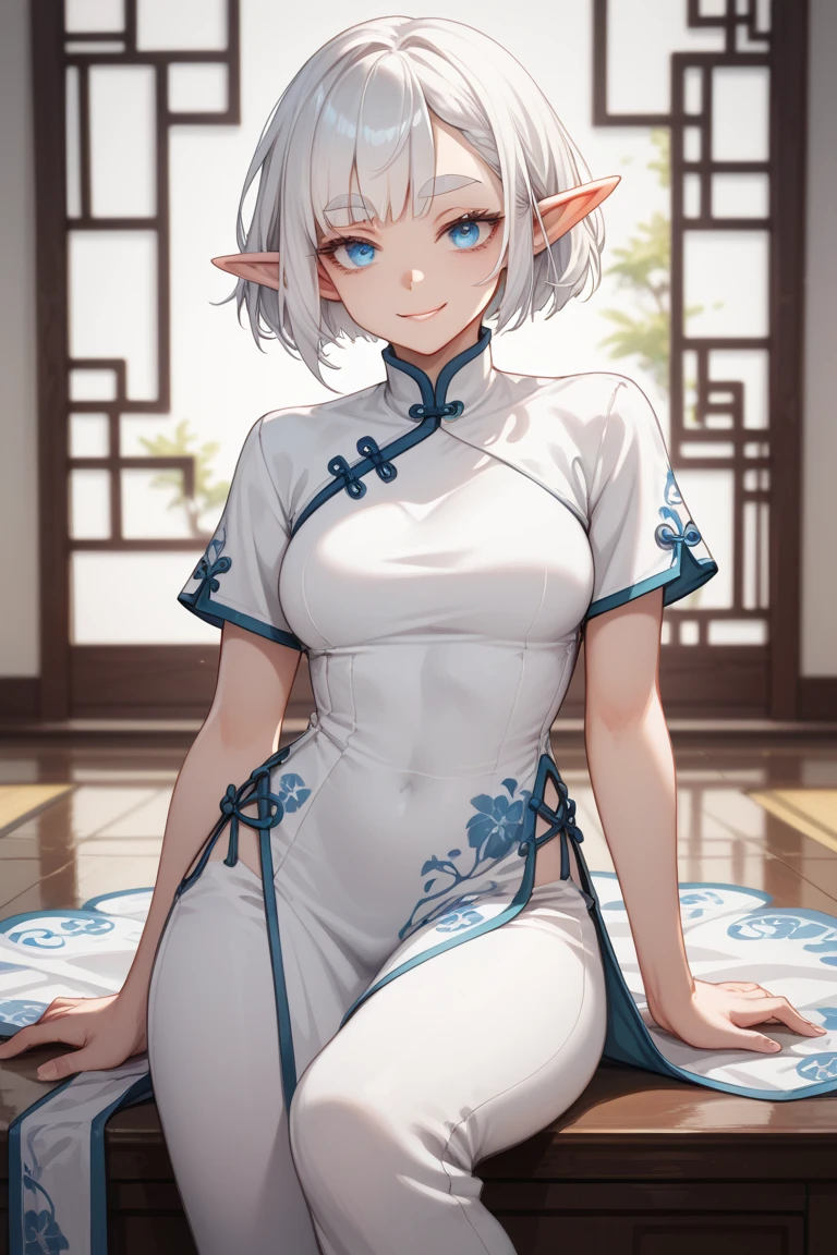 One girl、silber hair、Short Bob、cute little、small tits、Elven ears、​masterpiece、top-quality、Top image quality、qipao dress