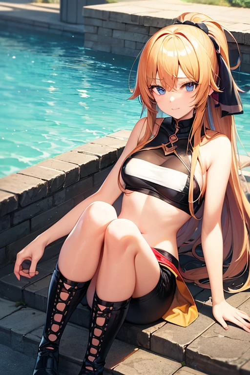 realista, foto, bonita, obra-prima, melhor qualidade, 1girl (Darkness do anime konosuba), solo, sam yang, nadador, sbikini (yelow), elegant bikini (yelow), peito grande, decote, linha bronzeada, foto retrato, olhando para o espectador, rosto detalhado, olhos longos detalhados (Blue eyes, cabelo detalhado, (yellow hair:1.5) parcialmente submerso, piscina ao ar livre, pele molhada, cabelo longo, cabelo molhado (ponytail hair) , detalhes intrincados, sombra, Uplighting, ray tracing, High quality water, realistic water, HD, 4k