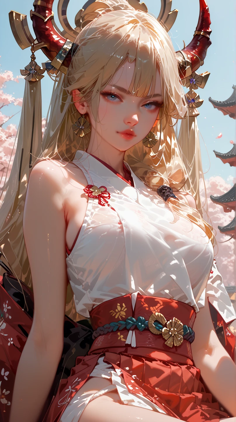(masterpiece, best quality, photorealistic), woman, solo, perfect slim fit body, large breasts, blonde wavy hair, hair ornaments, big gorgeous eyes, faint smile, parted lips, china dress, scenery in ancient China with neon lights, artistic, vibrant